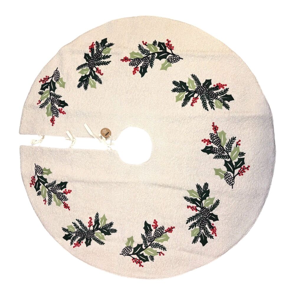 West Elm Tannenbaum Christmas Tree Skirt Hand Embroidered Holly Berry 48" Round